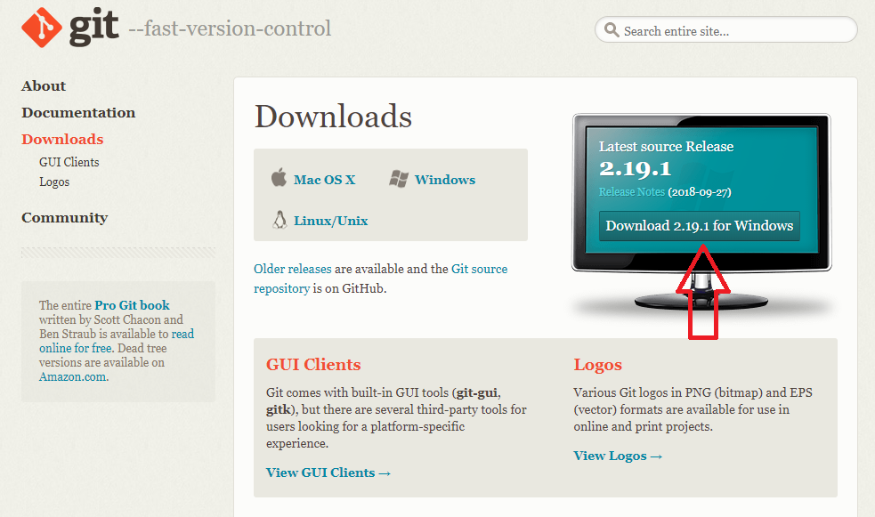 Página de download do instalador do GIT