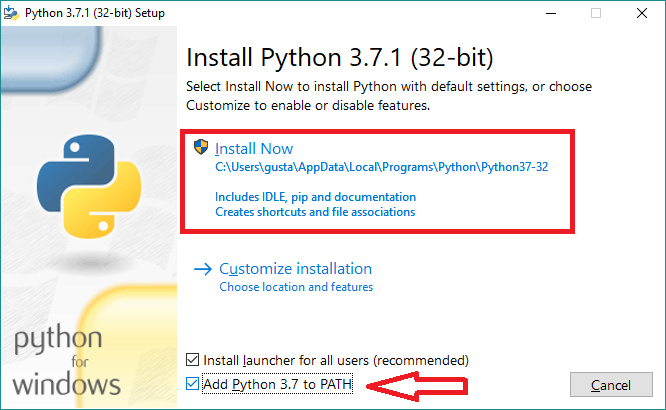 Instalador do Python - seleção do tipo de instalação